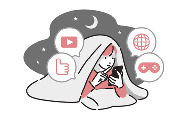 夜更かししてスマホに夢中になる女の子