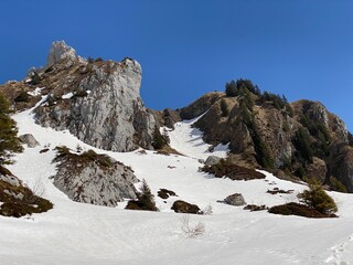Rocky peak Dejenstogg or Dejenstock (2022 m) in the Glarus Alps mountain range, over the Kl&ouml;ntalersee (or Kloentalersee) reservoir lake and Kl&ouml;ntal alpine valley - Canton of Glarus, Switzerland