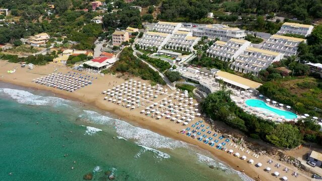 Aerial drone view over Pelekas Kontogialos beach. Corfu, Greece. View of Beach of Kontogialos, Pelekas, Corfu, Greece.