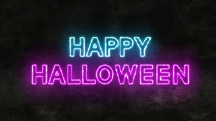 Happy Halloween bright neon text with glow effect on the background of an old wall, creativity graphics and modern design