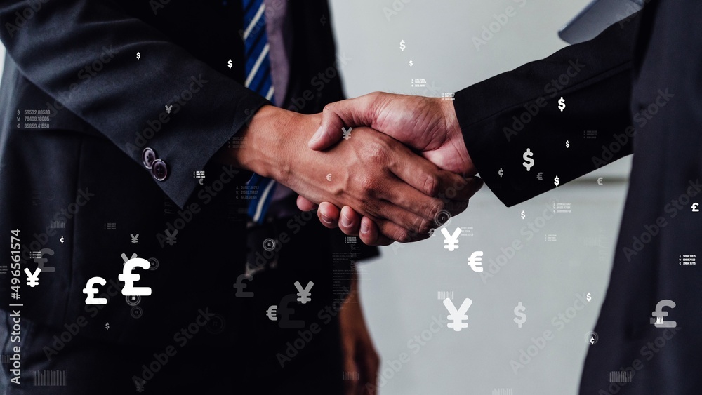 Poster conceptual business handshake with dashboard for financial data analysis . 3d render computer graphi