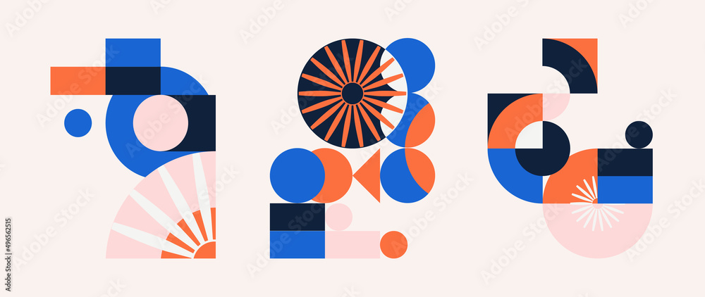 Wall mural set of geometric pattern element in mid-century style. collection of abstract circle, square and flo
