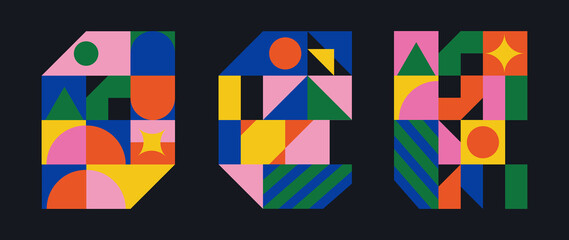 Set of geometric pattern element in mid-century style. Collection of abstract circle, square and polygon shape with colorful tone. Modern and trendy design on black background for decor, cover, print.