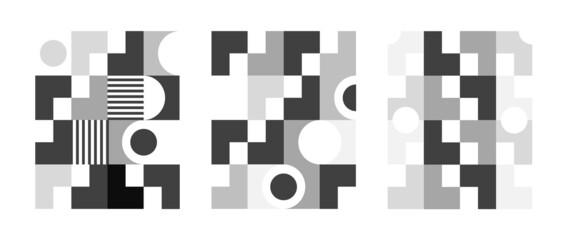 Collection of monochrome geometric pattern element. Set of abstract circle, rectangle, square, star shape in black and white color. Modern design on white background for decor, banner, wallpaper.