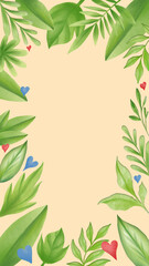 green leaves frame and hearts