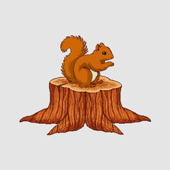 Squirrel and Tree Stump Pixel Art, Pixel Art Vector