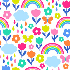 Cute colorful hand drawn rainbow and floral seamless pattern background.