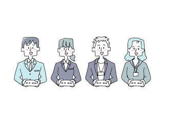 正面から見た名刺を渡すビジネスマンのセット　コミカルな手書きの人物　ベクター、線画にカラー