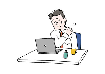 仕事中肩こりが気になる男性　コミカルな手書きの人物　ベクター、線画にカラー