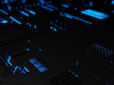 Close up of computer circuit board in blue. High quality photo