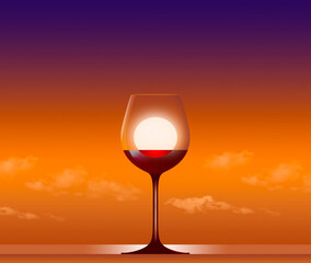 A sunset over the ocean is seen through a glass of red wine in this 3-d illustration.