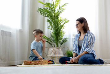 Montessori material. Home education. Mom and son are learning musical instruments.