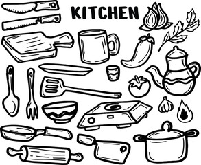 set of kitchen tools doodle hand drawn