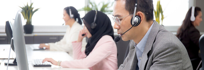 Customer service with friendly, man and woman call center and operator for support client, group of...