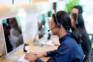 Customer service with friendly, man and woman call center and operator for support client, group of...