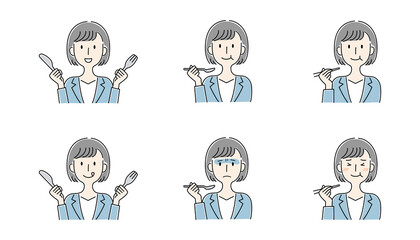 手描き風・食事をする女性のベクターイラストセット