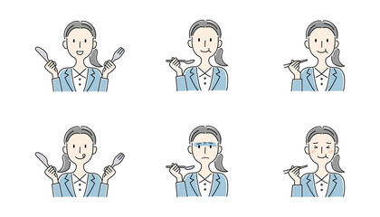 手描き風・食事をする女性のベクターイラストセット