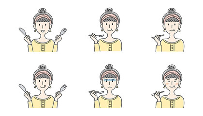 手描き風・食事をする女性のベクターイラストセット