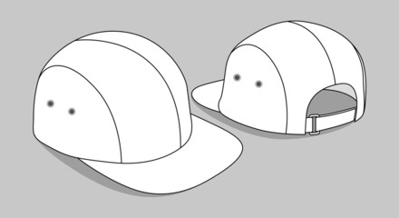 White 4 Panel Cap With Flat Brim Cap Template On Gray Background, Vector File