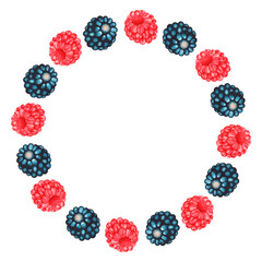 Raspberry and blackberry wreath. Watercolor illustration. Isolated on a white background.For design.