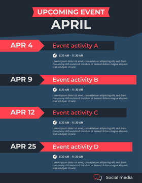 Upcoming monthly event schedule flyer poster template. Coming soon or up next events concept.