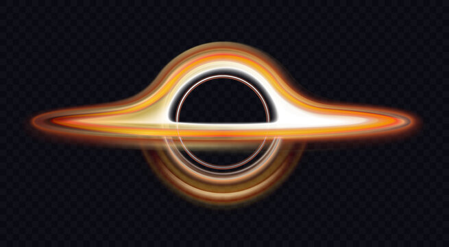 Black hole with yellow circle light effect vector illustration. Abstract bright lightning of wormhole with round energy rings and active neon trails in galaxy texture isolated on dark background