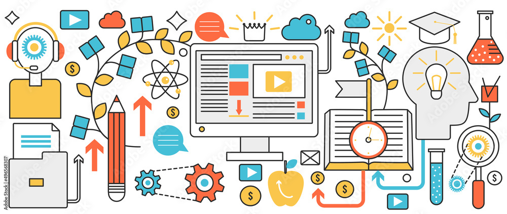 Aufkleber E-learning online education technology. Knowledge from open library books, internet training course and school, teaching guide and tutorials in infographic concept banner, thin line art design