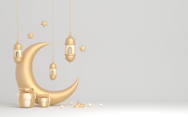 3d ramadan illustration with golden islamic lantern and crescent moon on grey