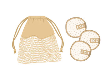 Washable cotton pads with organic textile bag. Bamboo makeup remover wipe. Eco friendly products for skin care. Zero waste concept. No plastic. Vector illustration in flat cartoon style. © KeronnArt