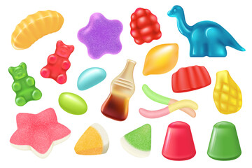 Gummy jelly candy set vector illustration. 3d cute sweet characters, colorful bears and cola bottle, funny marmalade worm, chewy sugar animal or fruit collection for children isolated on white