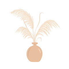 Dry pampas grass in vase. Set of cortaderia arrangements in boho style. Vector dried flowers isolated on white background. Trendy element design for wedding invitations, postcards, home interior.