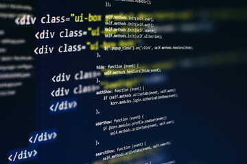 Desktop PC monitor photo. Javascript functions, variables, objects. Project managers work new idea....