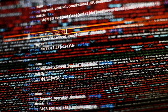 Desktop PC monitor photo. Javascript functions, variables, objects. Project managers work new idea. Future technology creation process.