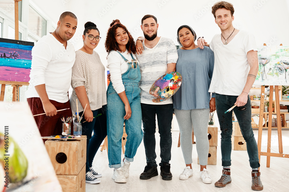 Poster with friends like these, who needs anything else. full length shot of a diverse group of artists sta