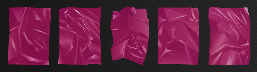 Cherry violet pink crumpled polyethylene, plastic film set vector illustration. 3d glue paper sheet, cellophane package or bag with wrinkles shiny effect, elastic wrapper mockup transparent background