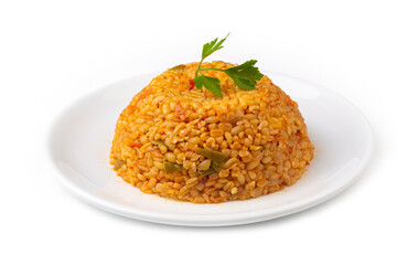 Traditional turkish bulgur pilaf with tomato sause in plate (Turkish name; meyhane pilavi)
