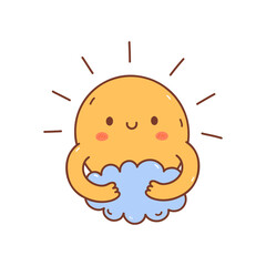 Cute sun hugging a cloud isolated on white background. Vector hand-drawn illustration in kawaii style. Perfect for cards, print, t-shirt, poster, decorations, logo, various designs. Character concept.