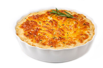 Potato gratin - graten (baked potatoes with cream and cheese) with rosemary and forks (Turkish name; Kremali patates)