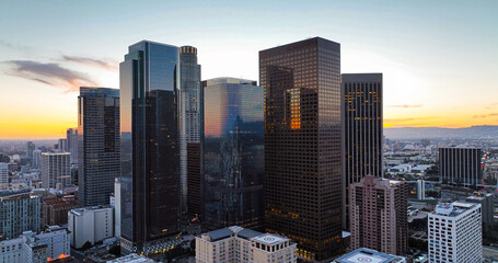 Fototapeta na wymiar Los Angeles skyline and skyscrapers. Downtown Los Angeles aerial view, business centre of the city. California LA.