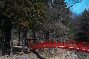 林の中にある特徴的な赤い橋(日本)