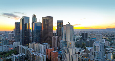 Los Angeles downtown panoramic city with skyscrapers. California theme with LA background. Los Angels city center, downtown cityscape skyline at sunset.