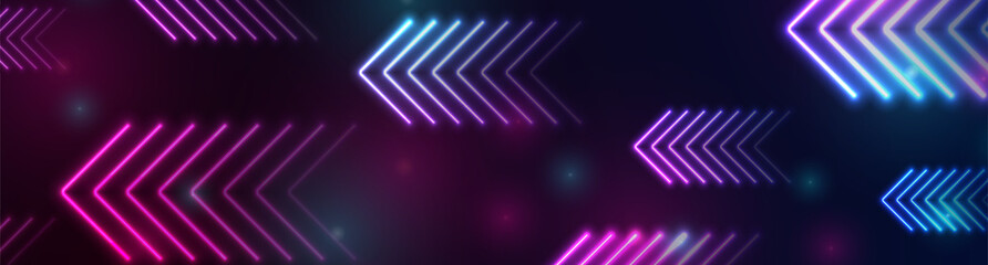 Bright blue purple abstract neon arrows tech banner design. Futuristic laser sci-fi vector background © saicle
