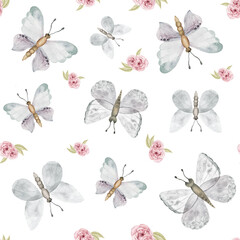 Fototapeta premium Watercolor seamless pattern with white butterflies and roses on white. Children's fabric. Butterfly decorative paper.