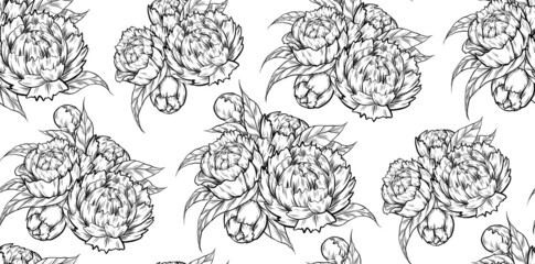 Vector seamless pattern with a sketch of peonies on white background. Botanical texture with drawing of a bouquet