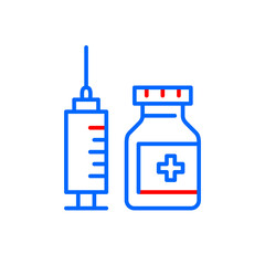Vaccine or medicine in a jar and a syringe. Pixel perfect, editable stroke icon