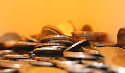 Thai baht coin coins stacked on each other in different positions select focus.