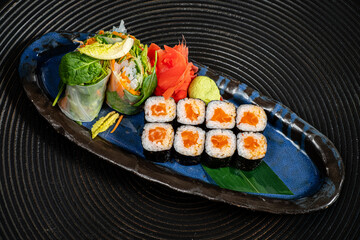 sushi set and fresh salad, top view
