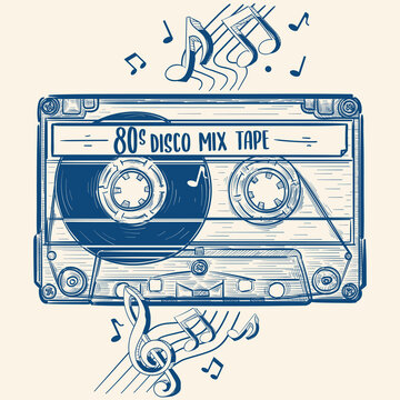80s disco mix tape - drawn monochrome musical audio cassette design