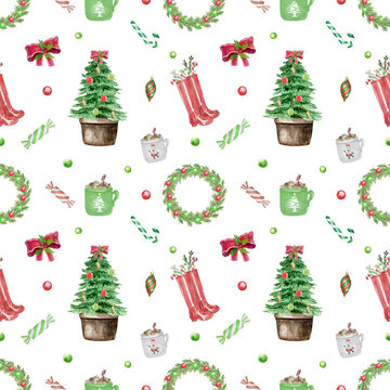 Watercolor seamless pattern with christmass items. Pattern with christmas tree, wreath, sweets and branches in red andgreen colors.