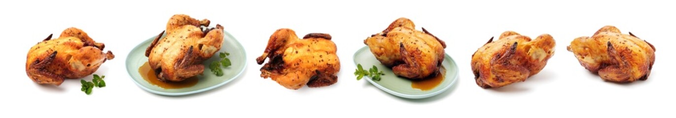 Whole roasted chicken against white background
